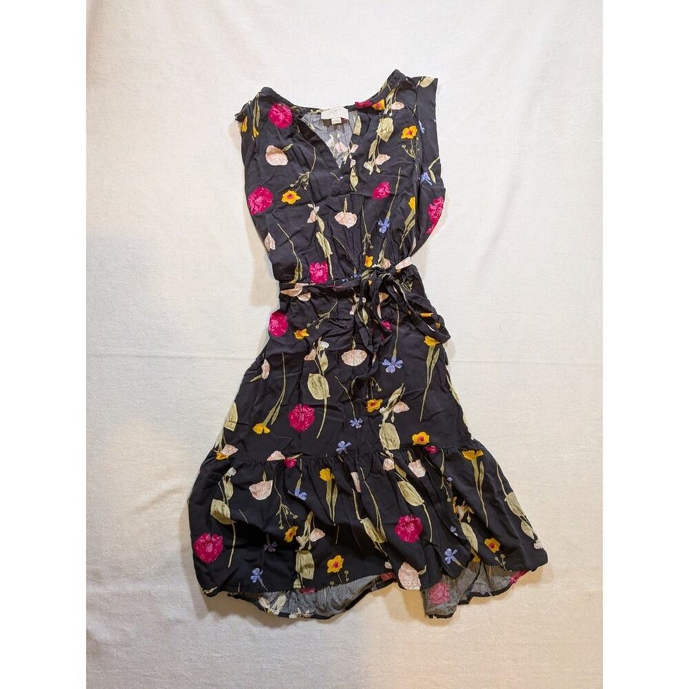 Loft outlet black floral dress MP ruffle with tie sundress
